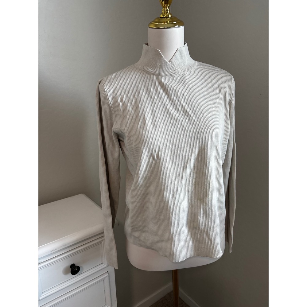 Coldwater Creek Womens Ribbed Mock Neck Top Beige Long Sleeve Knit Shirt Large